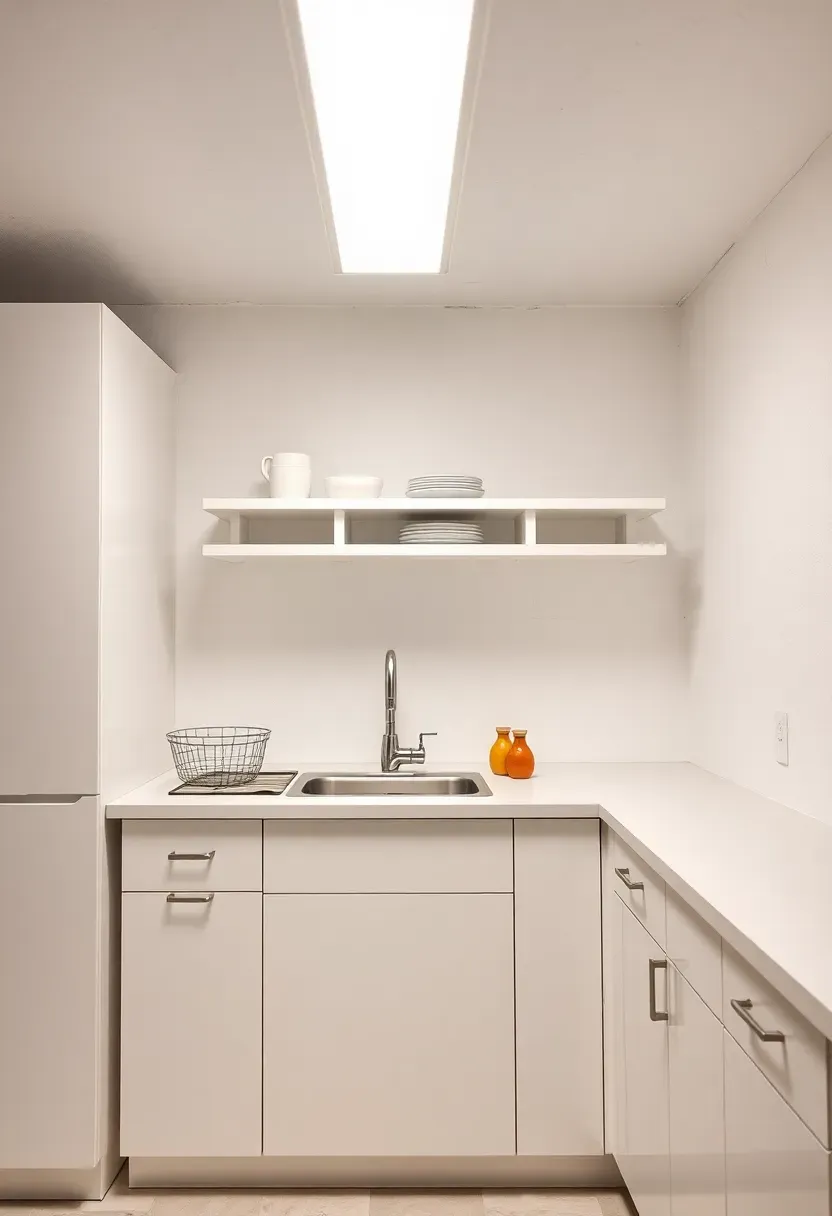Budget basement kitchenette using IKEA KNOXHULT cabinets in white, laminate countertop, basic single-bowl sink, and simple open shelf above