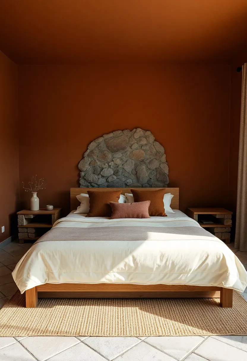 Hyper-realistic wide shot of a moody bedroom with chestnut brown walls, stone accent wall behind bed, queen bed with cream duvet and brown wool pillows, wood bed frame, stone bedside tables. Visible room context with stone tile floor, natural fiber rug. Materials: matte chestnut paint, natural stone, medium oak wood, cream cotton, brown wool, natural fiber. Warm earthy lighting, organic stone textures and shadows. No text, no logos, no watermarks.</p>