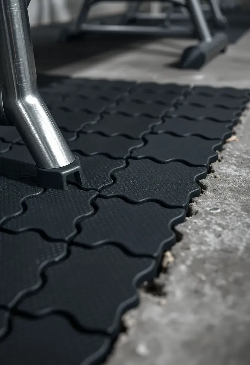 Basement floor covered with black interlocking rubber gym tiles next to a weight bench and barbell