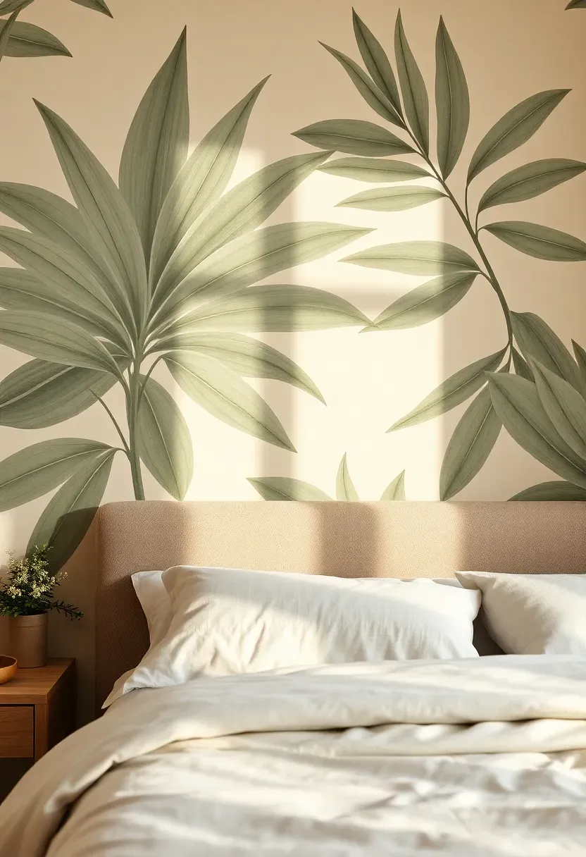 botanical wallpaper accent wall behind a bed featuring oversized palm leaves in muted green and cream tones