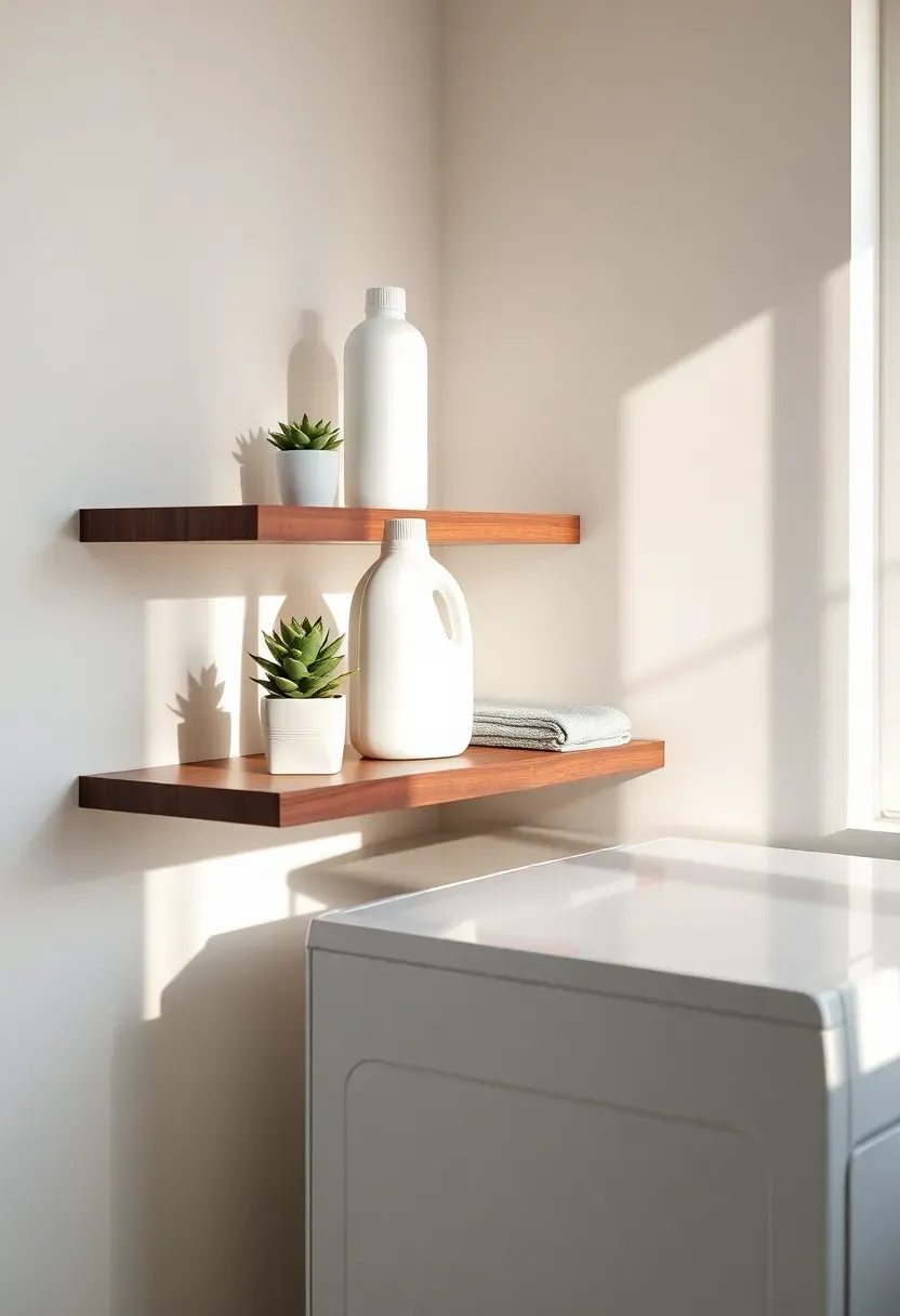 Narrow floating ledge shelf mounted on the wall beside a stacked washer dryer holding detergent bottles and a small succulent