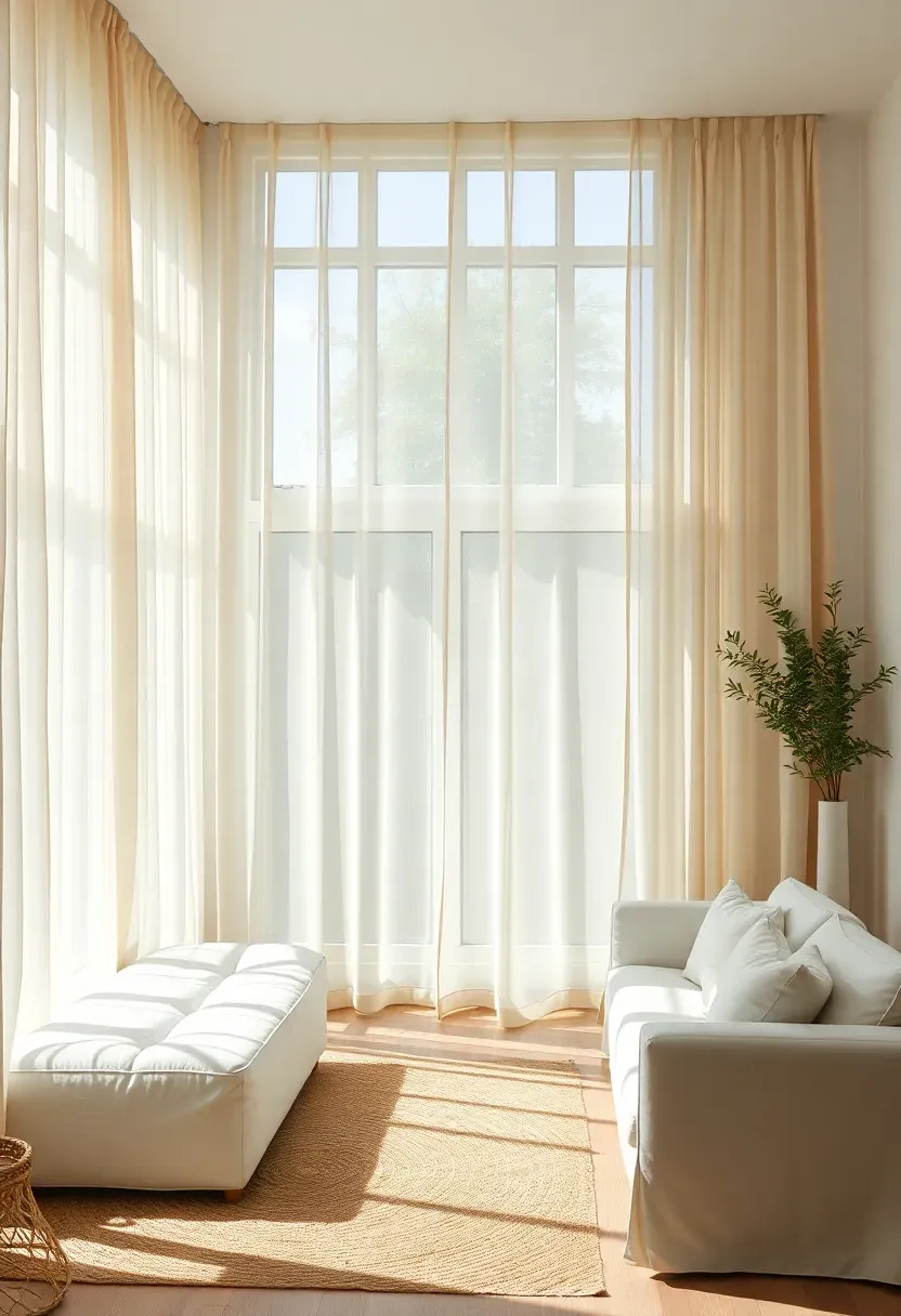 Hyper-realistic wide view of sun-drenched living room with multiple windows. Triple-layered sheer linen curtains in cream creating diffused light, white linen sofa, light oak furniture. Materials: sheer linen with visible weave, white linen upholstery, white oak wood, jute rug. Intense natural daylight flooding through sheers, room filled with soft luminous glow. Bright organic minimalist mood, neutral palette. Shallow depth of field, sharp details on curtain fabric texture, minimalist furniture arrangement, visible window architecture with mullions.</p>