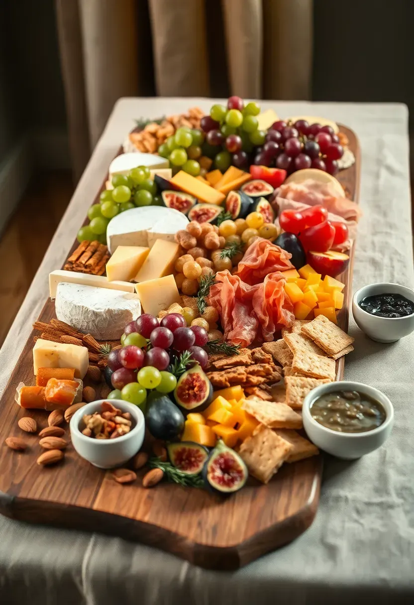 luxurious baby shower grazing table with artisan cheeses, charcuterie, fresh fruits, honeycomb, and crackers on a long wooden board