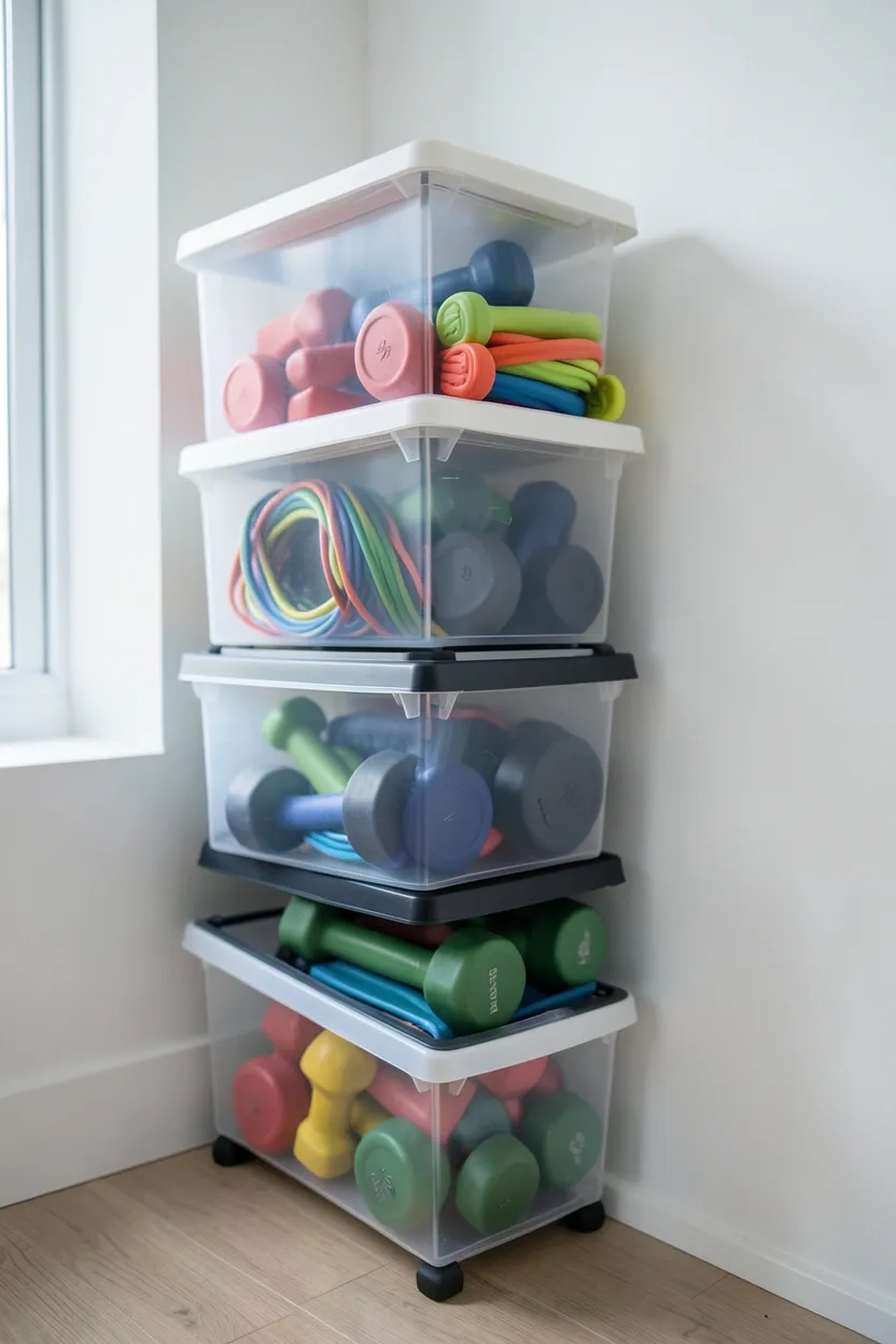 Stackable clear and solid storage bins holding gym equipment by type — flexible vertical storage for small home gym spaces