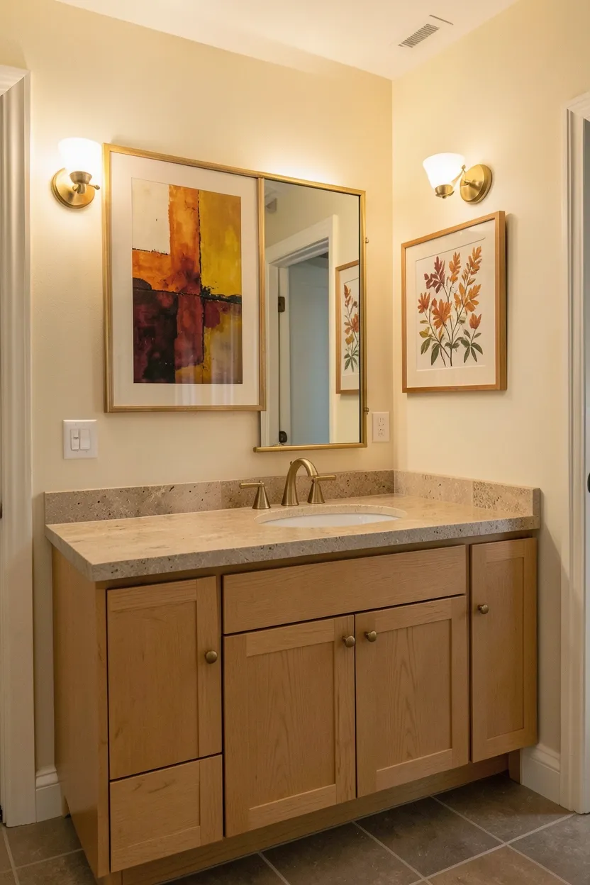 Hyper-realistic 3/4 view of bathroom with seasonal artwork display. Two framed pieces hang above vanity: larger abstract composition featuring burnt orange, mustard yellow, and deep burgundy tones on cream background; smaller botanical print with autumn foliage on right. Both framed with warm cream mats that echo bathroom's palette. Light oak vanity with stone top below. Warm cream walls with warm gray floor tiles. Brass fixtures. Warm ambient lighting from sconces highlights artwork colors. Mirror with brass frame centered. Clean surfaces. No text, no logos, no watermarks.</p>