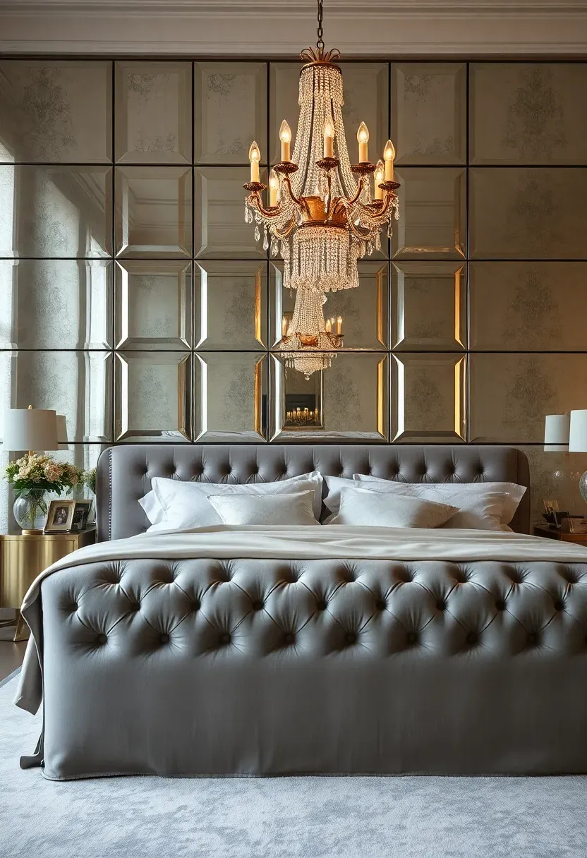 glamorous bedroom with antiqued mirrored panel accent wall behind a plush upholstered bed reflecting warm chandelier light and creating depth