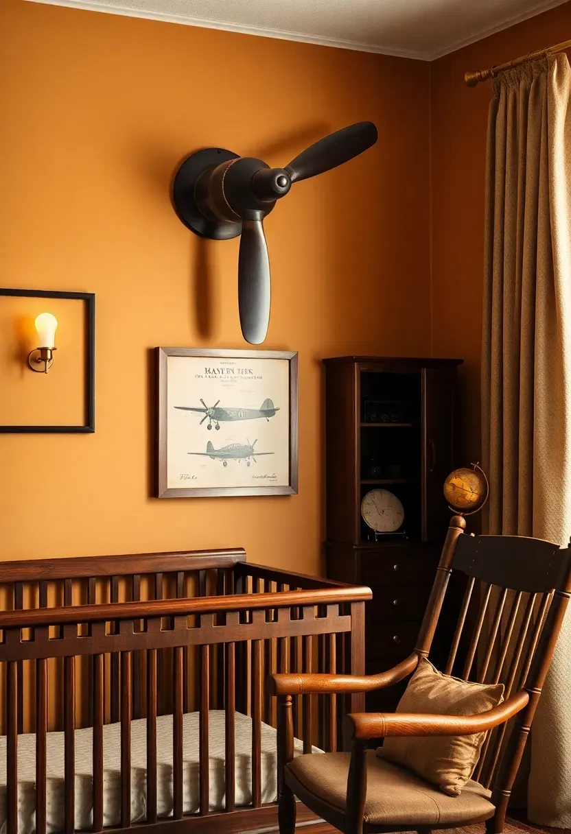 vintage aviation boy nursery with propeller wall art leather accents and warm brown tones