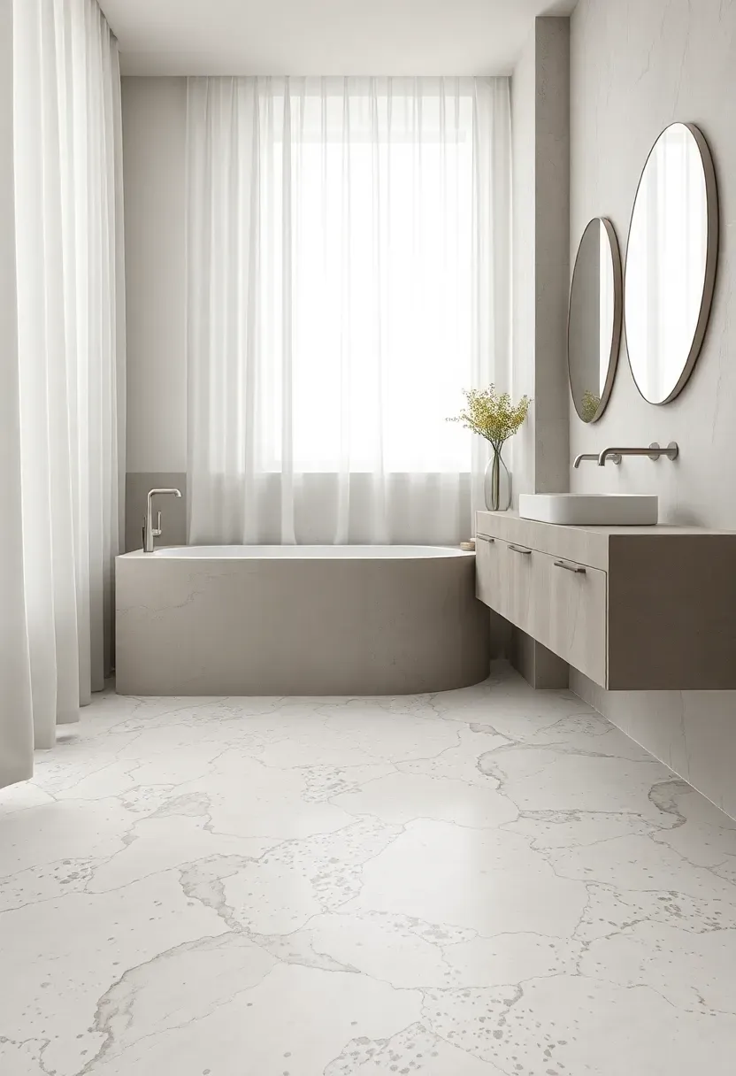 Terrazzo floor tiles with large marble and quartz chips in a neutral palette inside a contemporary bathroom