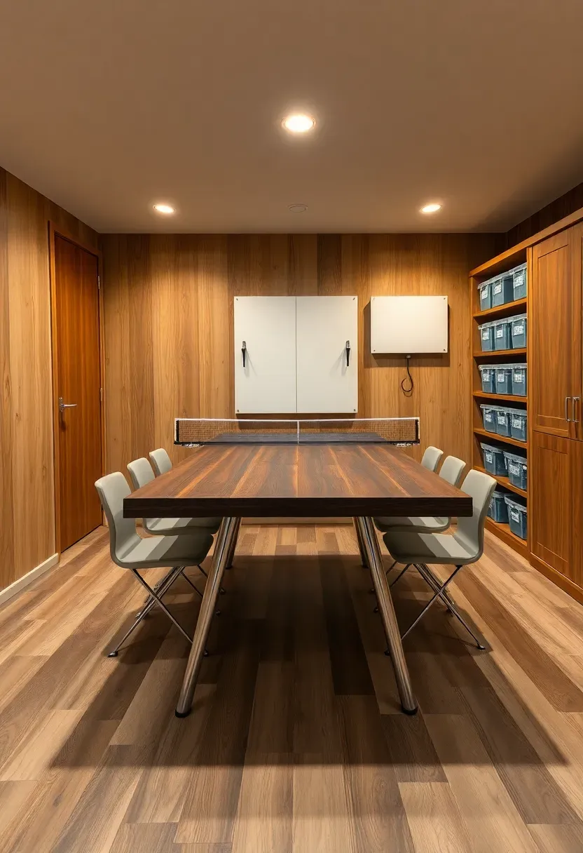basement with a convertible game table folded into dining mode next to wall-mounted folding table tennis top