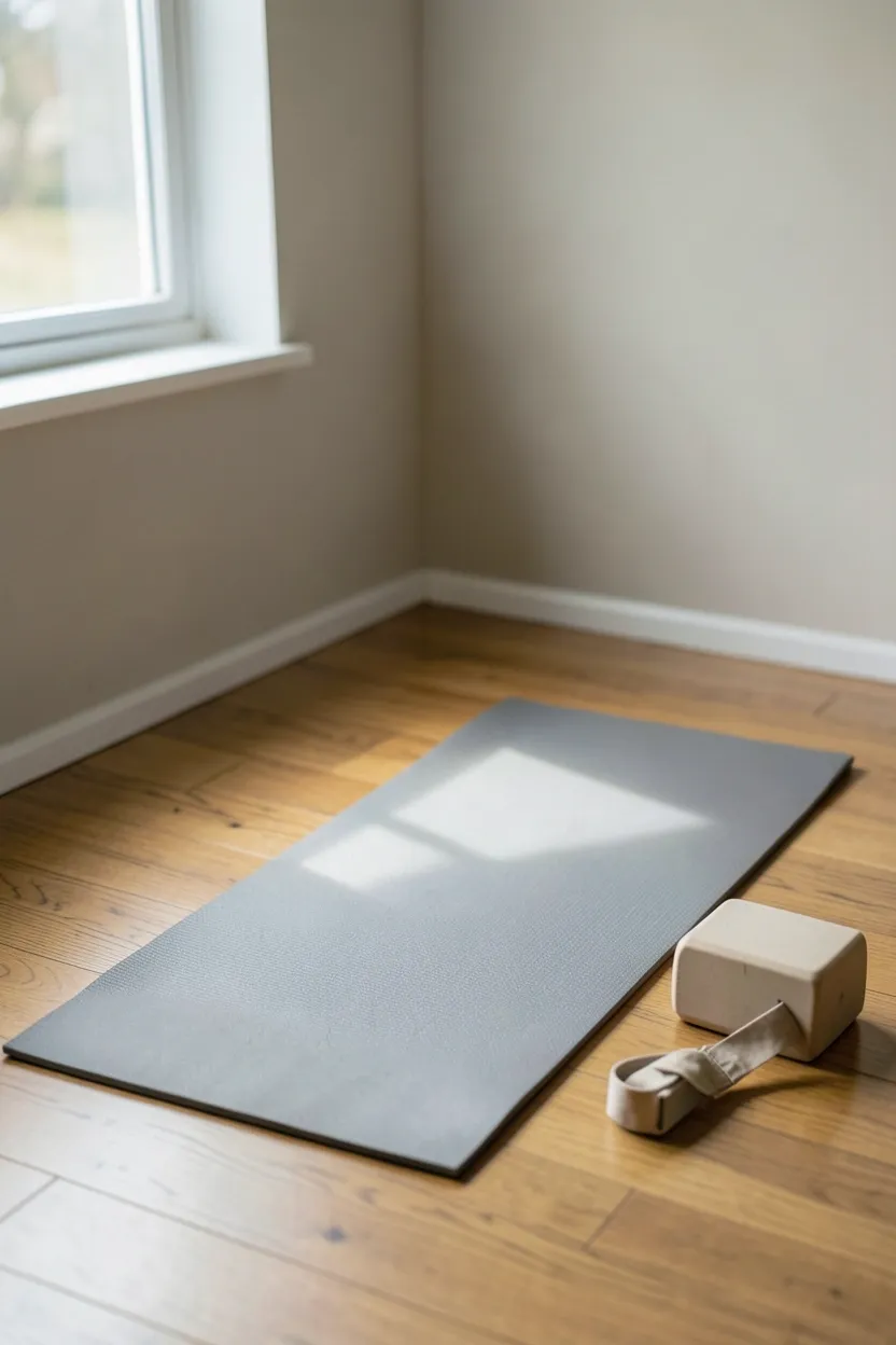Purple yoga mat with two cork blocks and a stretch strap laid out in a bright apartment corner — minimal props home fitness setup
