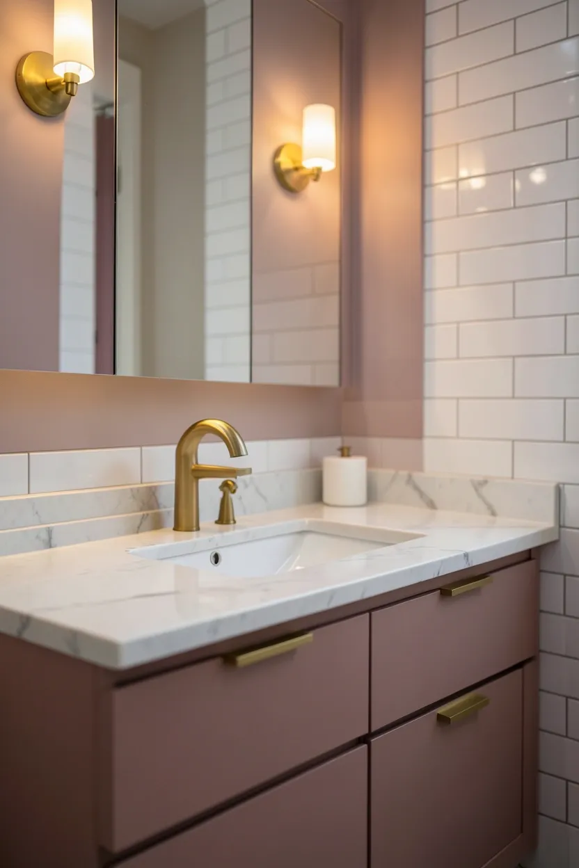 Soft apartment bathroom with dusty rose vanity wall, gold hardware, and white marble countertop — romantic rental color idea