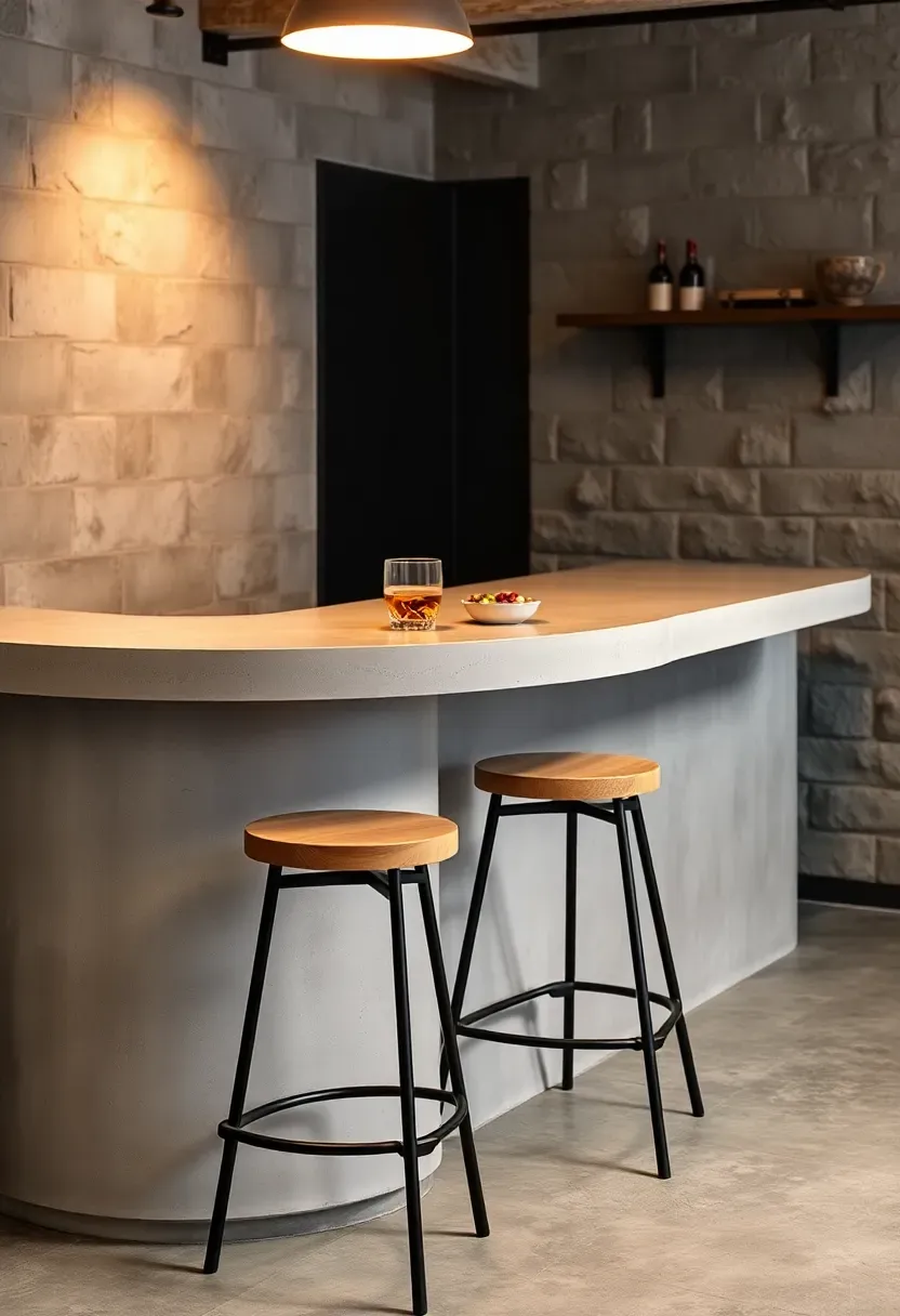 basement bar with poured concrete countertop showing smooth grey surface with visible aggregate edges and black metal base stools