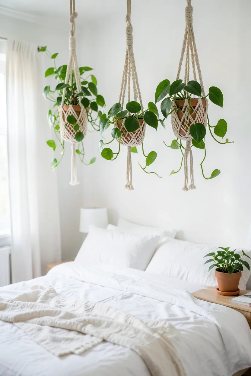 Boho bedroom with trailing pothos and philodendron in macrame plant hangers at different heights near a bright window