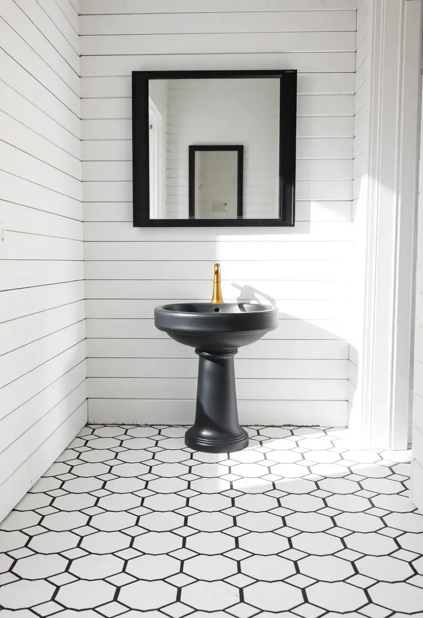 White hexagon floor tiles with bold black grout lines in a small bathroom — classic monochrome geometric pattern