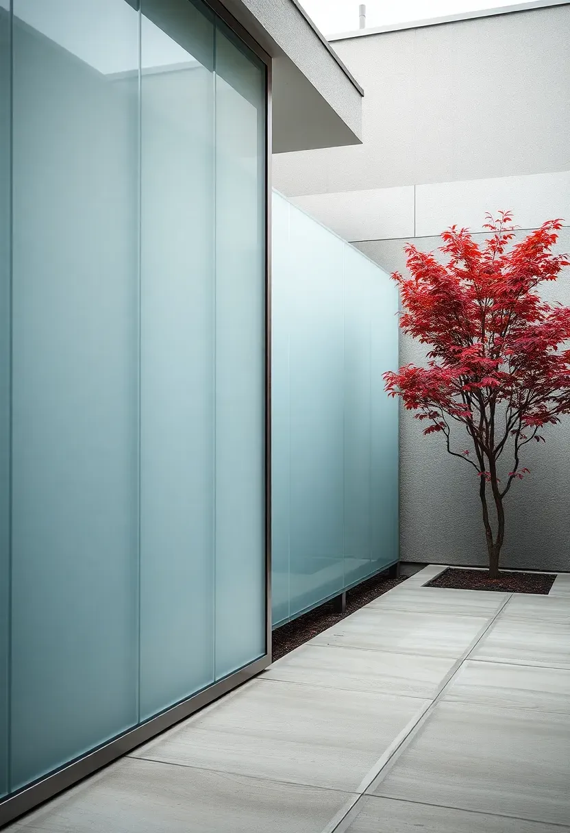 Frosted glass privacy fence panels in aluminum frames allowing diffused light through in a contemporary courtyard garden