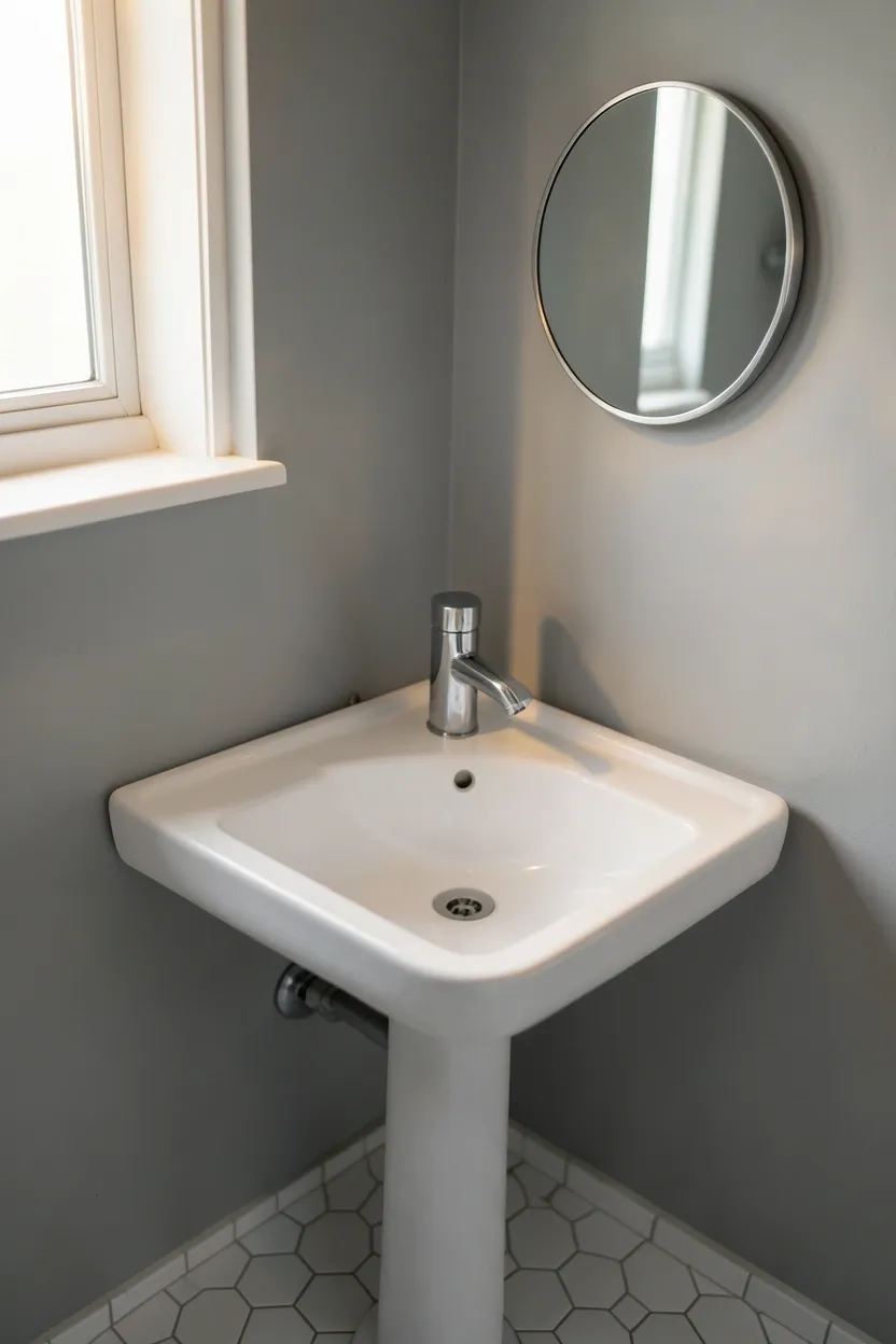 Small corner sink mounted in an unused corner of a compact bathroom freeing up wall and floor area