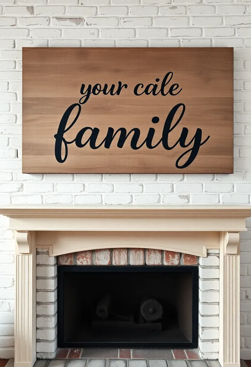 Hand-painted wooden sign with farmhouse quote above vintage mantel with distressed white paint