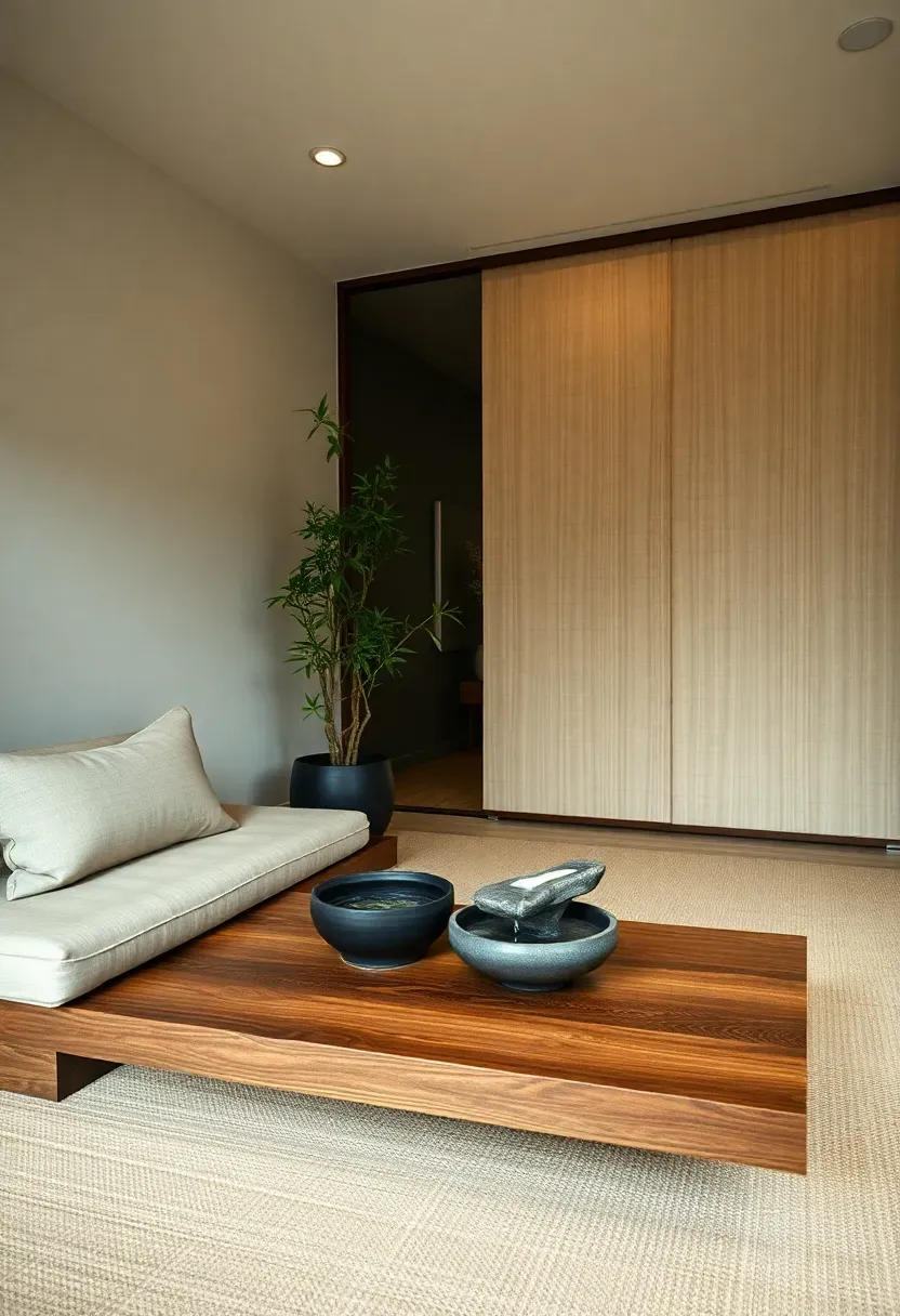 Minimalist zen lounge man cave with low platform seating, neutral linen cushions, indoor bamboo plant, water feature, shoji screen divider, and soft recessed lighting