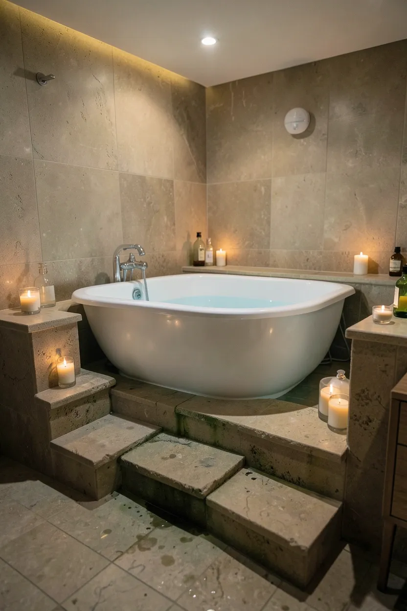 Luxurious sunken bathtub accessed by stone steps in a large family bathroom creating a spa-like retreat