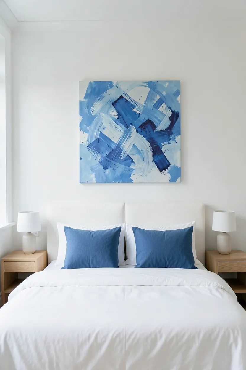 Hyper-realistic eye-level photograph of large abstract painting in cornflower blue tones hung above white upholstered bed. White walls, white bedding with blue accent pillows, two nightstands in light wood. Natural light from side window, gallery-like atmosphere. Materials: canvas painting with blue brushstrokes, white cotton bedding, oak wood nightstands. Soft natural light, artful sophisticated atmosphere. Shallow depth of field, sharp details on painting texture, balanced composition showing artwork and bed. No text, no logos, no watermarks.</p>
