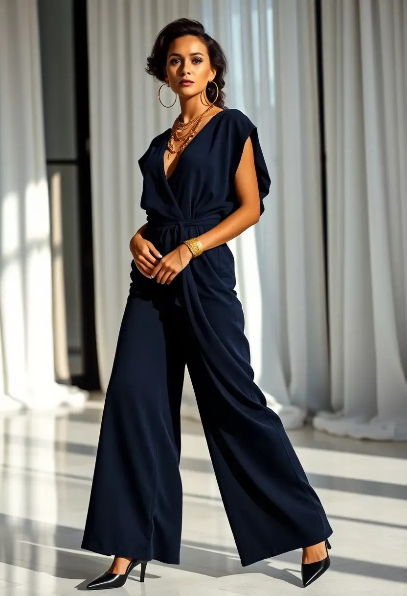 navy wide-leg jumpsuit with bold gold statement jewellery at a sophisticated baby shower venue
