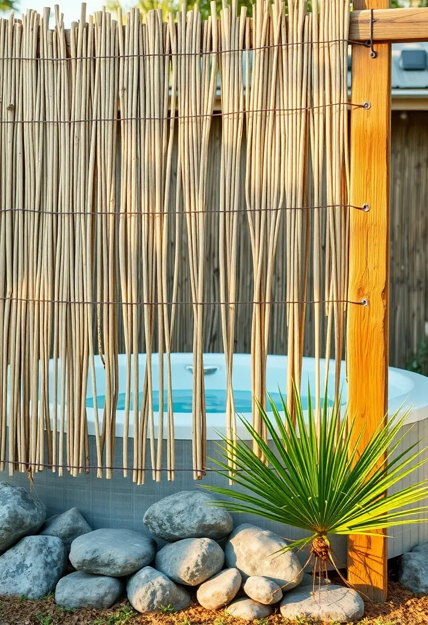 Natural reed fencing panels wired to a wooden frame creating a rustic privacy enclosure around a hot tub with river rocks and small palm plants at the base