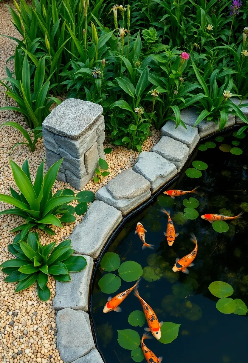 Koi pond connected to a shallow bog filtration zone filled with gravel and dense aquatic plants