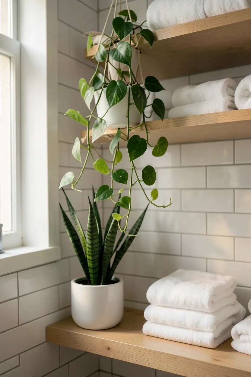 Pothos and fern plants on a bathroom shelf adding green organic texture to a bright white modern bathroom