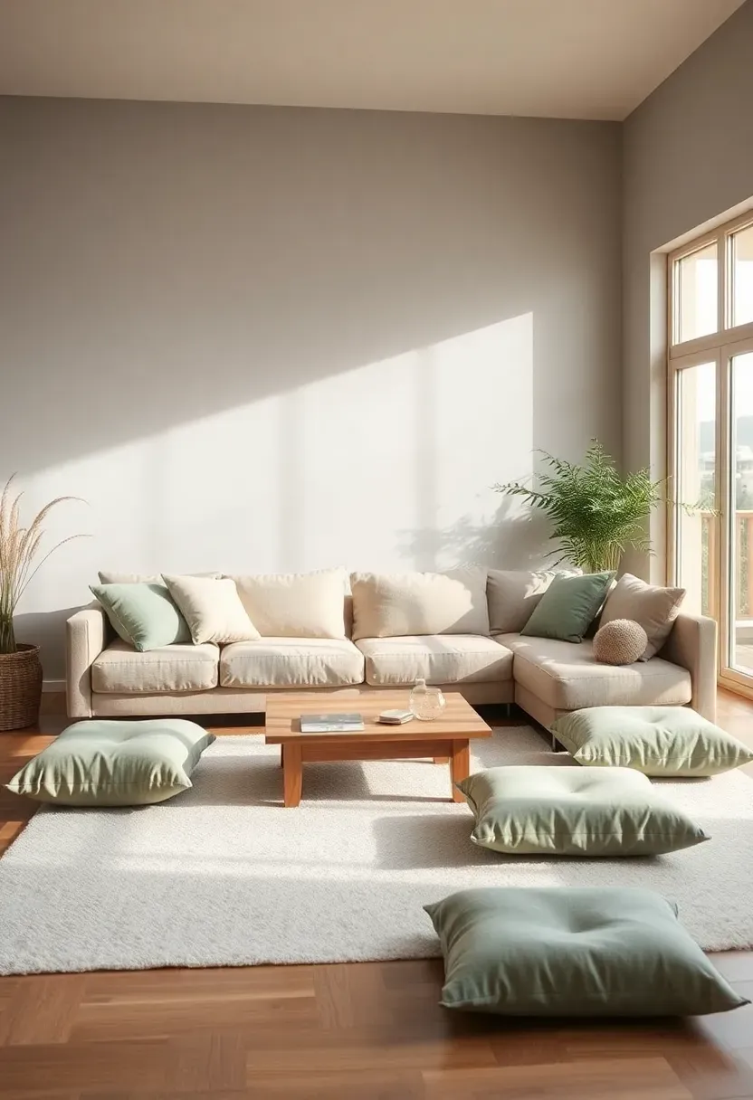 Hyper-realistic 3/4 view of a minimalist Japandi living room with low-profile beige sofa, matching floor cushions in sage green linen, low wooden coffee table, and large windows with view. Materials: warm gray walls, beige cotton upholstery, sage green linen cushions, light oak table, white wool rug. Soft natural daylight streaming in, gentle shadows, relaxed and grounded atmosphere. Clean composition with negative space, sharp fabric and wood textures, no clutter, no text, no watermarks.</p>