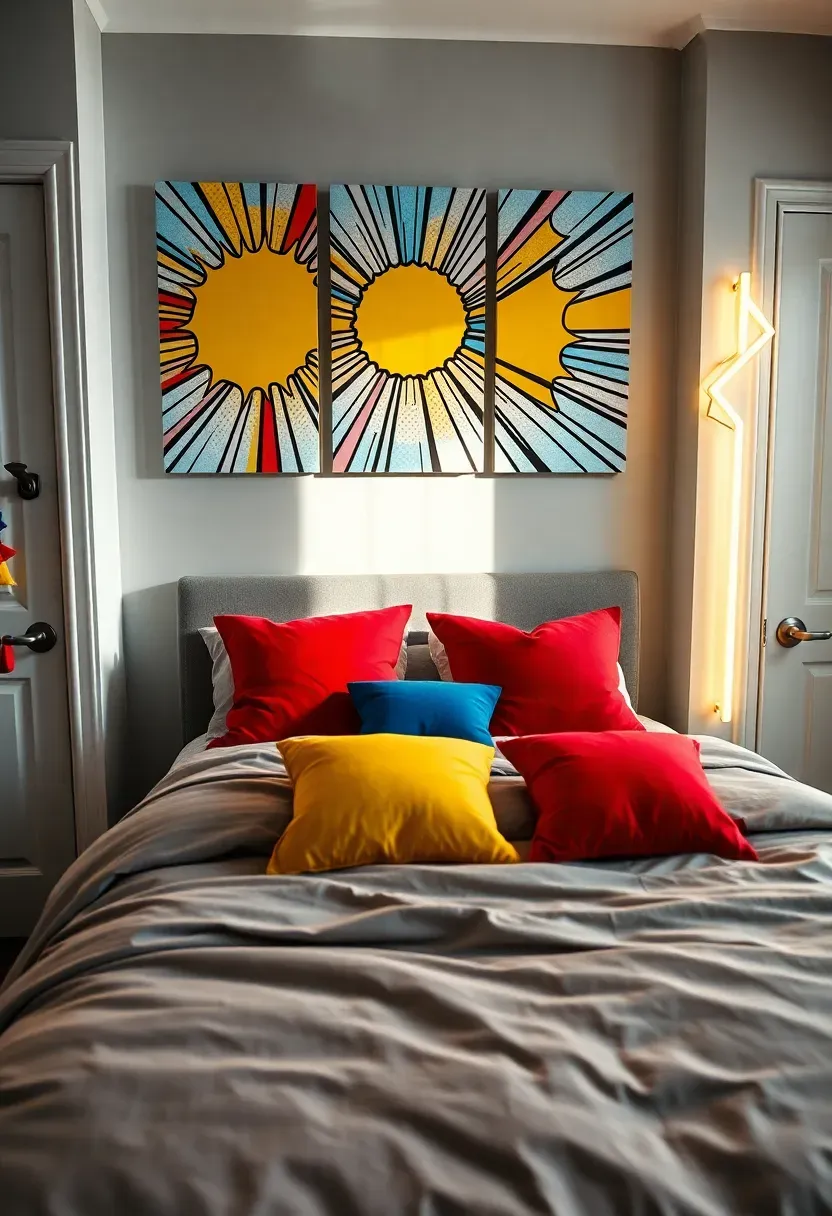 Bold superhero-themed boy bedroom with a comic book pop-art accent wall, primary color bedding, and cape display hooks