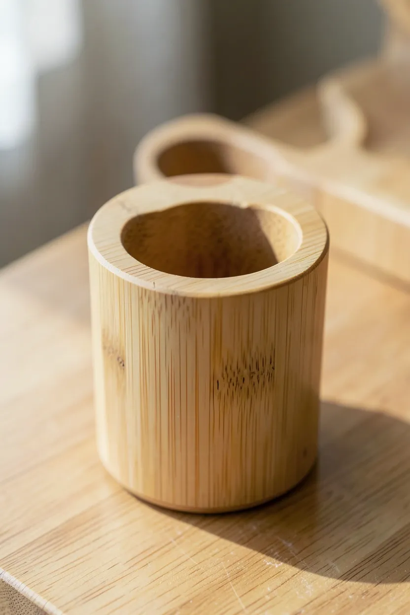 Natural bamboo toothbrush holder with visible grain on a clutter-free bathroom vanity alongside a ceramic soap dispenser