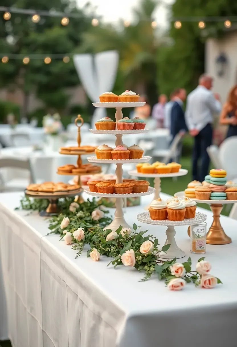 A dessert table at a backyard wedding with assorted mini pies, cookies, cupcakes, and macarons on tiered stands with a floral garland draped along the front