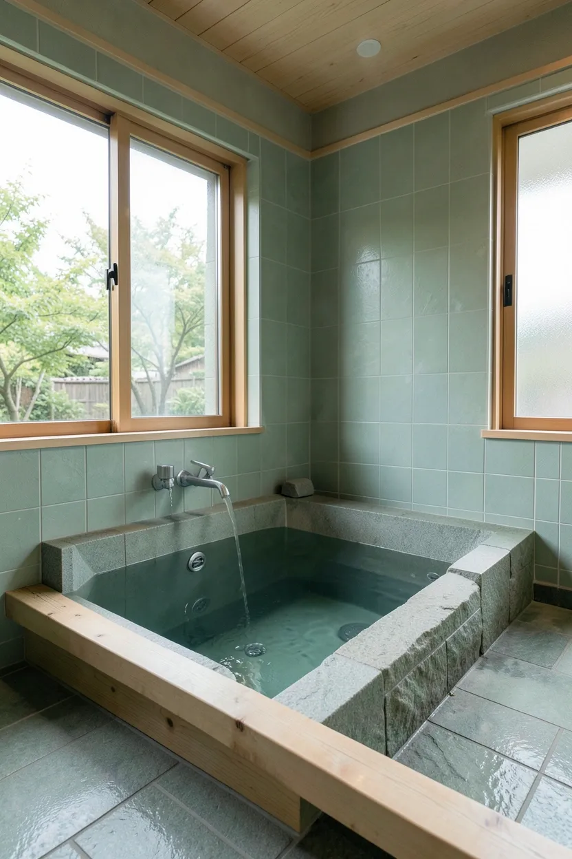 Japanese-style sage green bathroom with deep soaking tub on a wooden platform, large-format tiles, and minimal decor