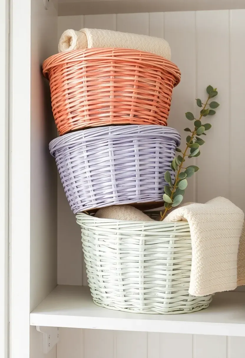 Stack of pastel-painted wicker baskets in blush pink, soft lavender, and pale mint arranged on a white shelf for shabby chic storage