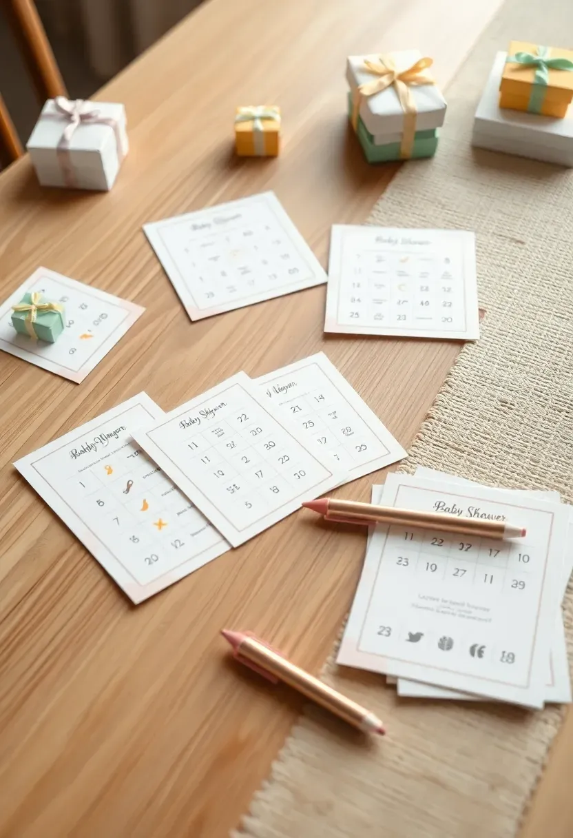 pastel baby shower bingo cards spread across a table with daubers and small prizes