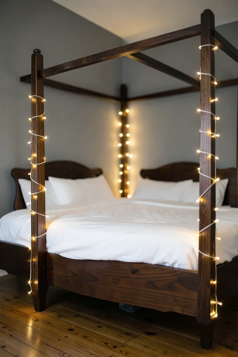 Hyper-realistic eye-level photograph of a dark wooden four-poster bed with warm white fairy lights wrapped around the four posts creating vertical glowing columns. White linen bedding, wooden floor, grey walls. Soft room lighting. Materials: dark walnut wood, warm LED lights, white cotton. Elegant magical mood. Shallow depth of field, sharp details on wood grain and light glow. No text, no logos, no watermarks.</p>