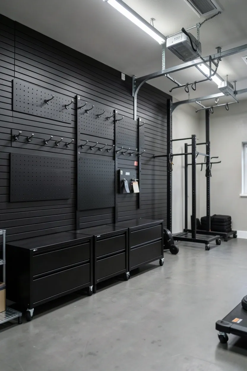 Organized garage gym with slat wall storage, pegboard for small equipment, vertical dumbbell racks, and LED shop lighting