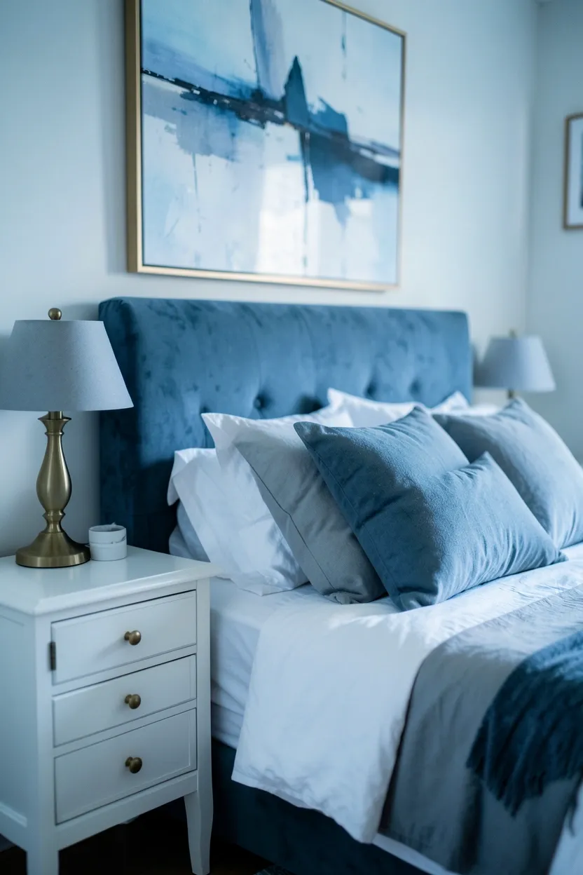 Coastal Dusty Blue Velvet with Abstract Art