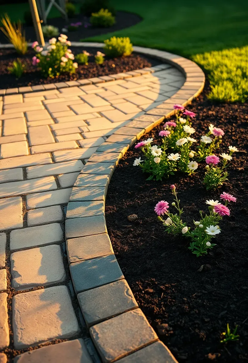 Paver patio with a gentle curved edge following a garden bed line using tumbled stone pavers in warm earth tones