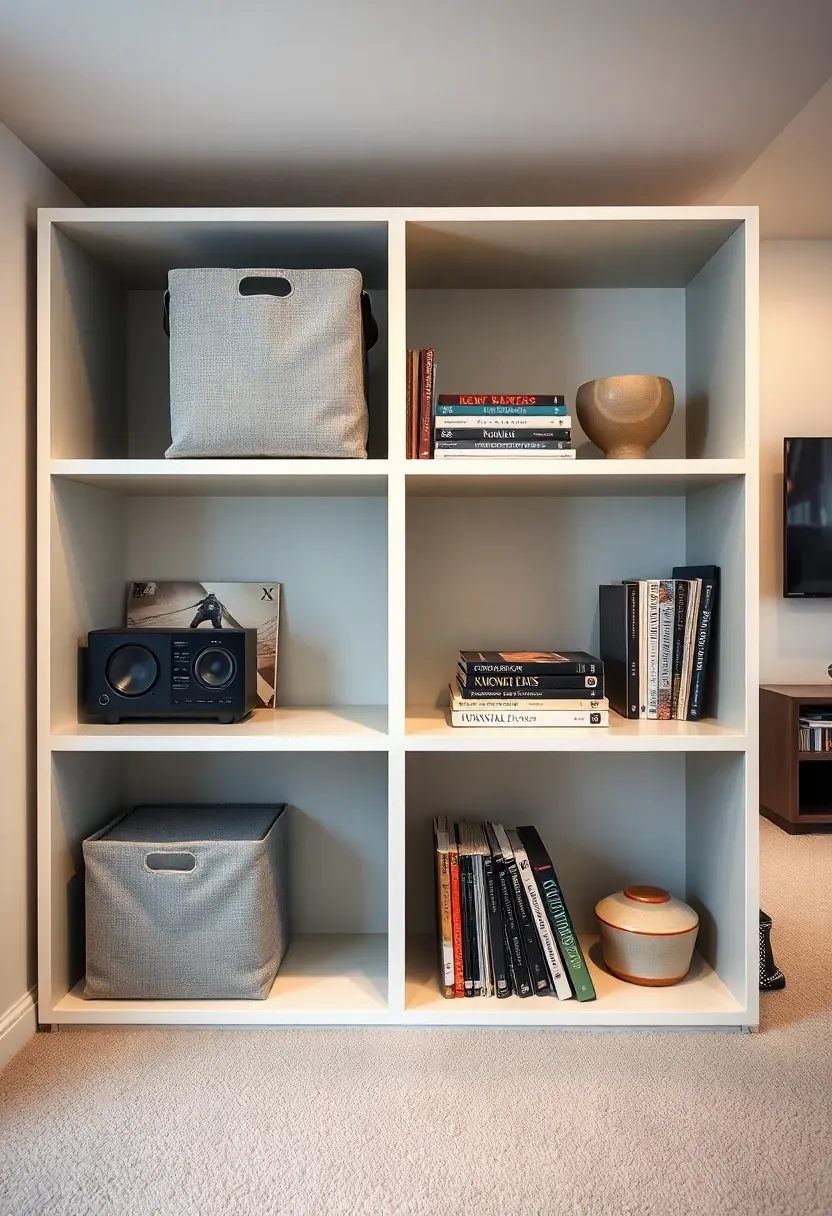 Modular cube storage shelving in a finished basement with fabric bins in alternating cubes and open cubes displaying records and books