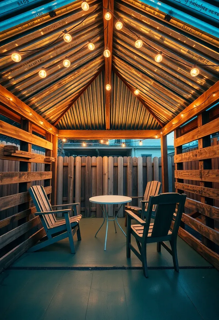 A DIY gazebo built from reclaimed pallets with a corrugated metal roof, string lights, a painted plywood floor, and mismatched chairs inside in a small urban backyard