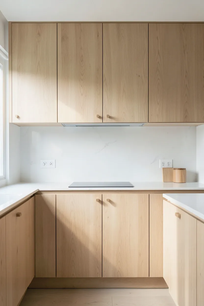 Japandi kitchen breakfast nook with built-in bench seat, light oak table, and neutral linen cushions by a window