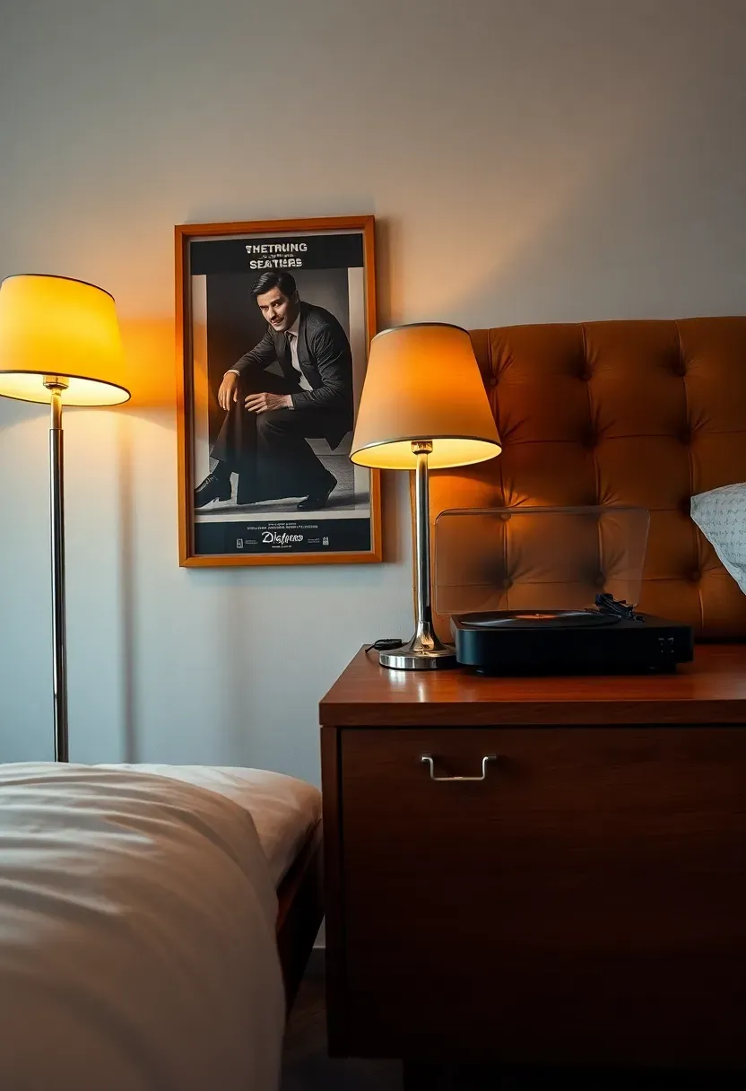 vintage retro masculine bedroom with cognac leather headboard and teak credenza and record player