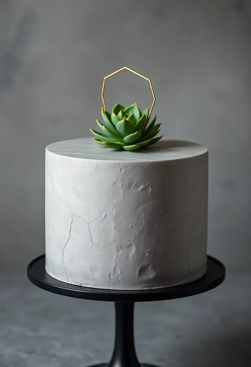 ultra modern baby shower cake with concrete grey textured buttercream finish geometric lines and a single green succulent topper on a black metal stand