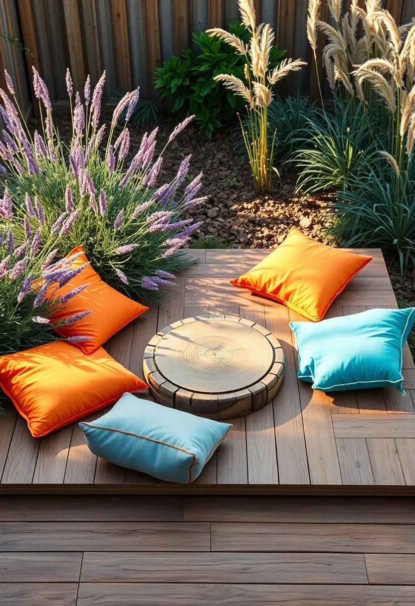 Low floating wooden deck with colorful floor cushions and a low table in a backyard garden surrounded by lavender and ornamental grasses