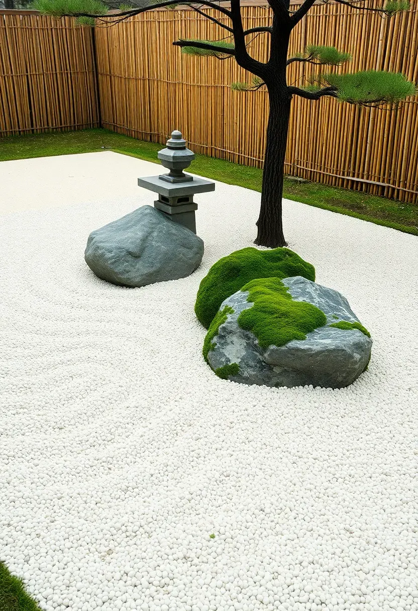 Serene Japanese-inspired backyard with raked white gravel, moss-covered boulders, a stone lantern, and a single sculpted pine tree