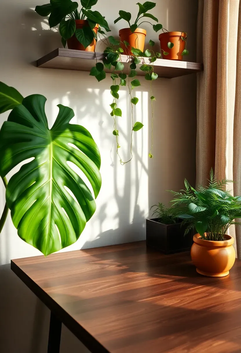 Biophilic home office desk with monstera plant beside it, trailing pothos on shelf above and ceramic fern pot on desk corner