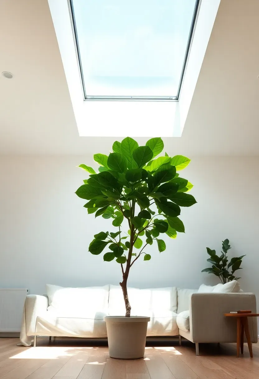 Hyper-realistic 3/4 view of minimalist living room with large rectangular skylight in ceiling, bright natural light flooding downward. Potted fiddle leaf fig tree beneath skylight, illuminated from above creating dramatic canopy shadows. Light linen sofa, light wood floor, white walls. Overhead daylight creating different shadow quality than side windows. Blue sky visible through skylight. Materials: living plant, linen, light oak wood. Sharp details on plant leaves and textures. No text, no logos, no watermarks.</p>