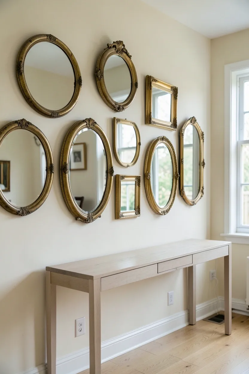 Gallery wall of antique gold and brass mirrors in mixed shapes on a white wall above a sleek console table