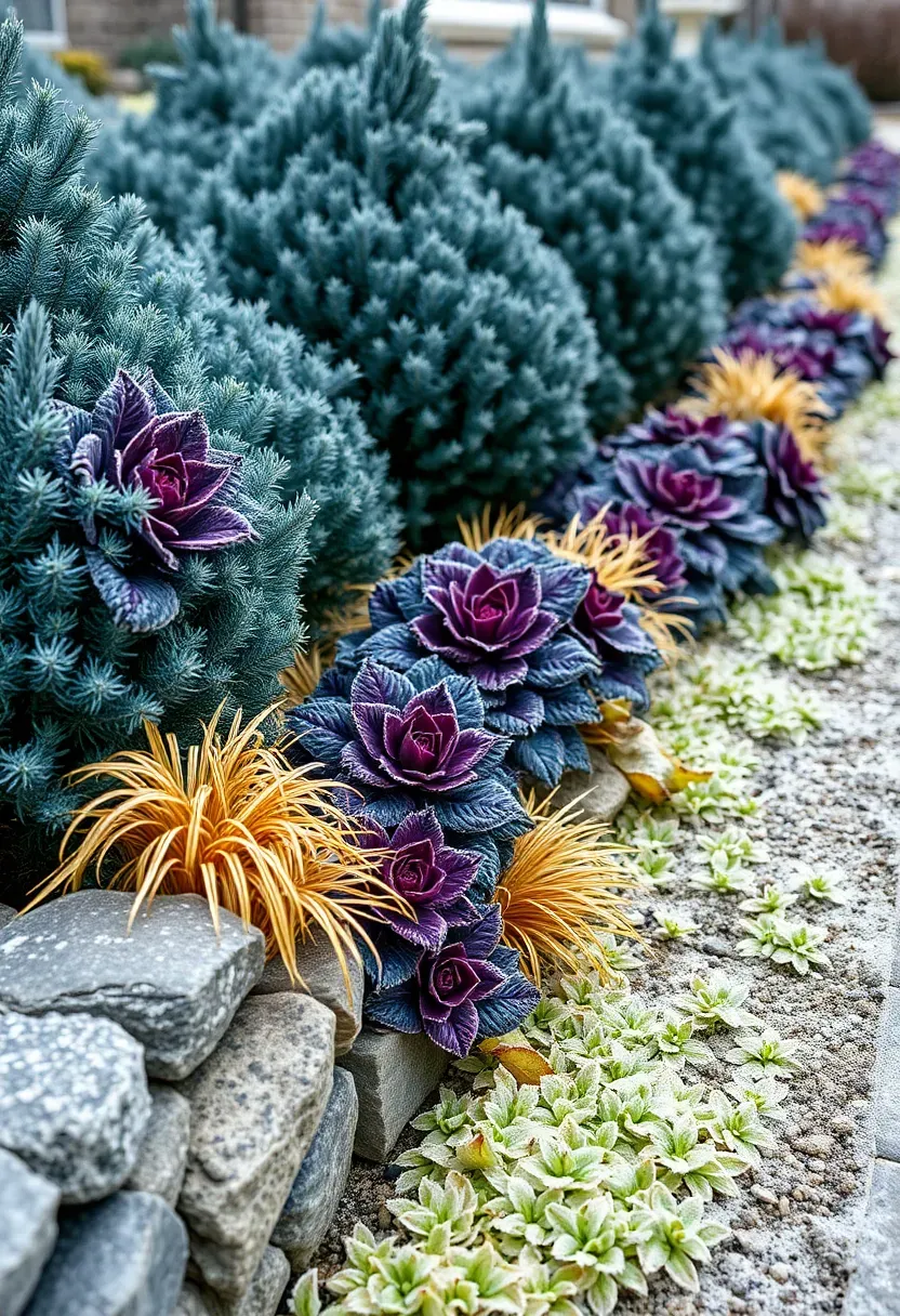 Four-season rock garden border with evergreen dwarf conifers, ornamental kale, winter-interest sedge grasses, and low granite stones holding structure through snow
